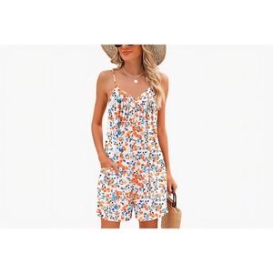Vigorics‎ Women's White Floral Print Spaghetti Strap Romper Size S Pockets